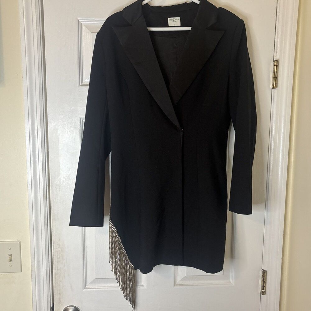 Miss Circle Blazer Dress Womens Size XL Black Rhinestone Fringe Bodycon Party